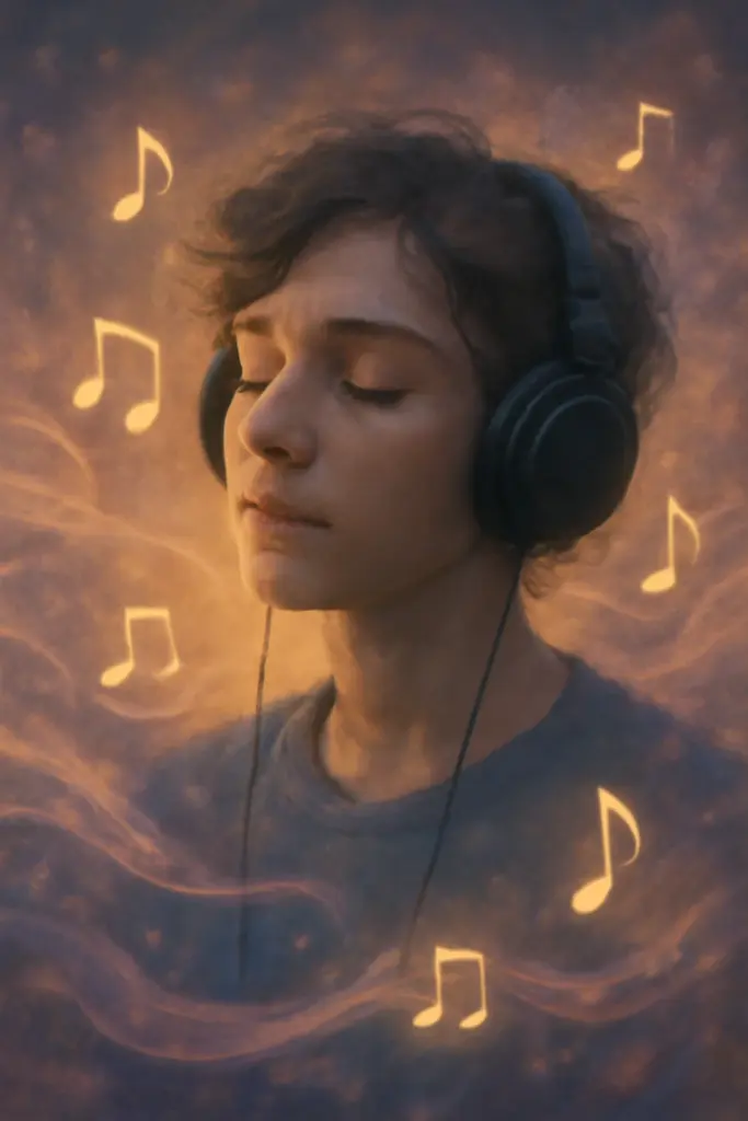 young boy listening slowed music